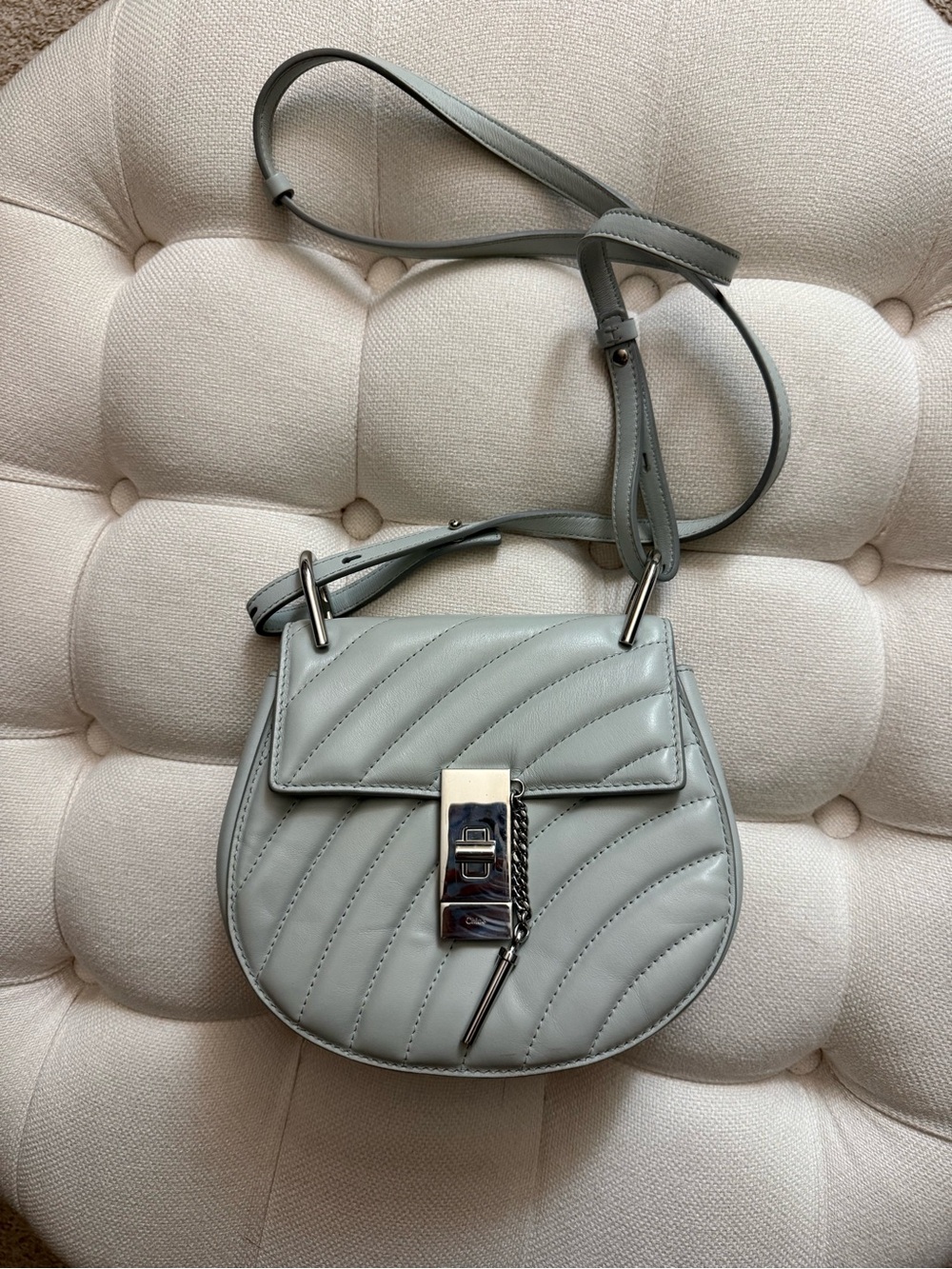 Chloé Drew Light Blue Quilted Leather Crossbody with Chain Lock